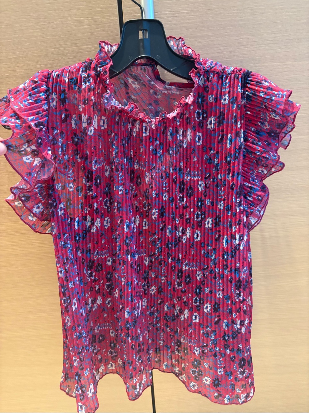 Anthropologie Fuchsia and Blue Floral Ruffle Top